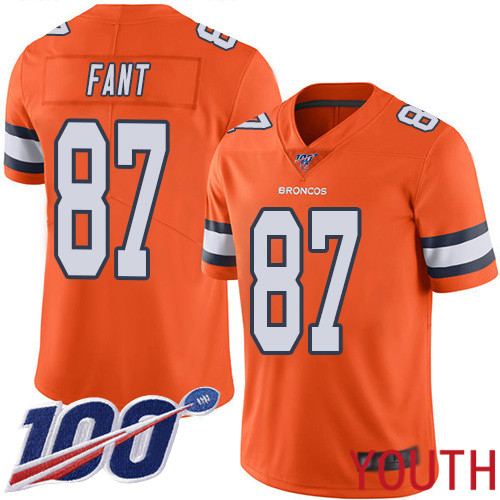 Youth Denver Broncos #87 Noah Fant Limited Orange Rush Vapor Untouchable 100th Season Football NFL Jersey->youth nfl jersey->Youth Jersey